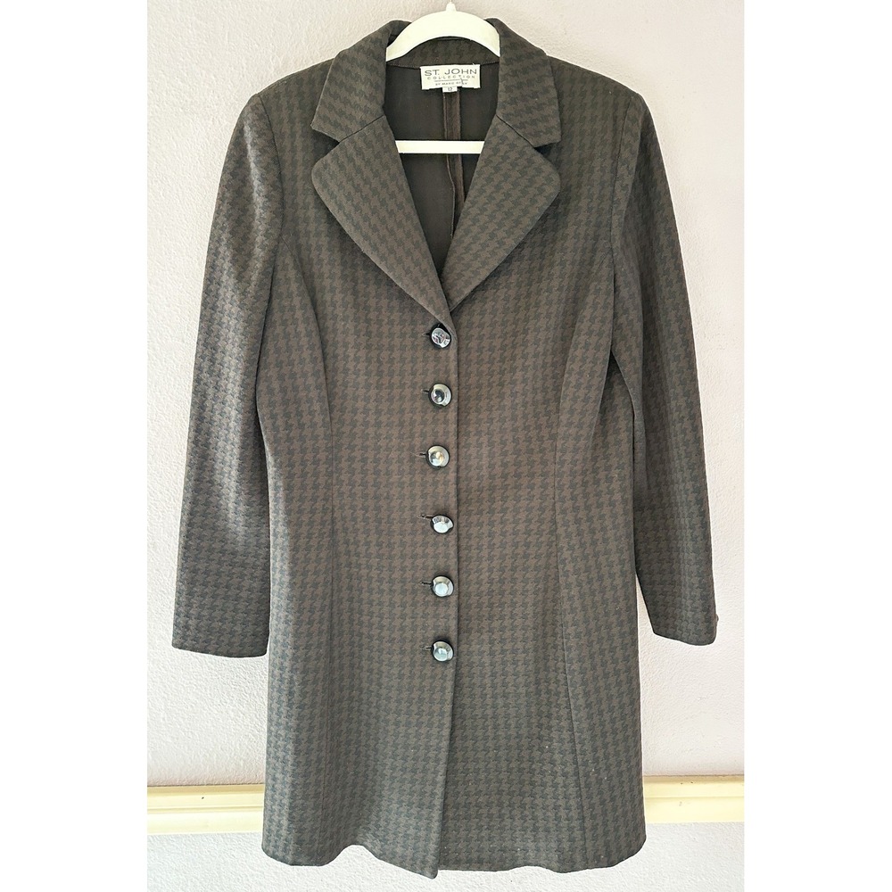 VTG St. John Collection By Marie Gray Brown & Black Houndstooth Knit Long Jacket